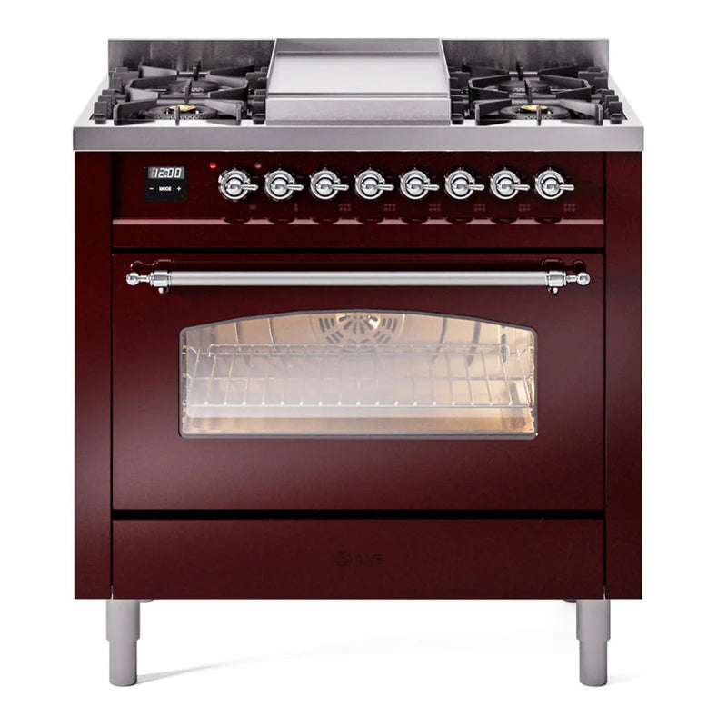 ILVE Nostalgie II 36" Dual Fuel Freestanding Range in Burgundy with Chrome Trim, UP36FNMPBUC