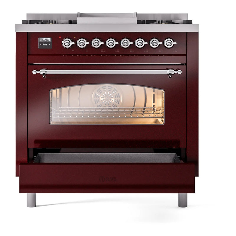 ILVE Nostalgie II 36" Dual Fuel Freestanding Range in Burgundy with Chrome Trim, UP36FNMPBUC