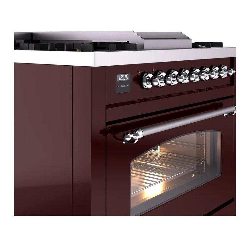 ILVE Nostalgie II 36" Dual Fuel Freestanding Range in Burgundy with Chrome Trim, UP36FNMPBUC