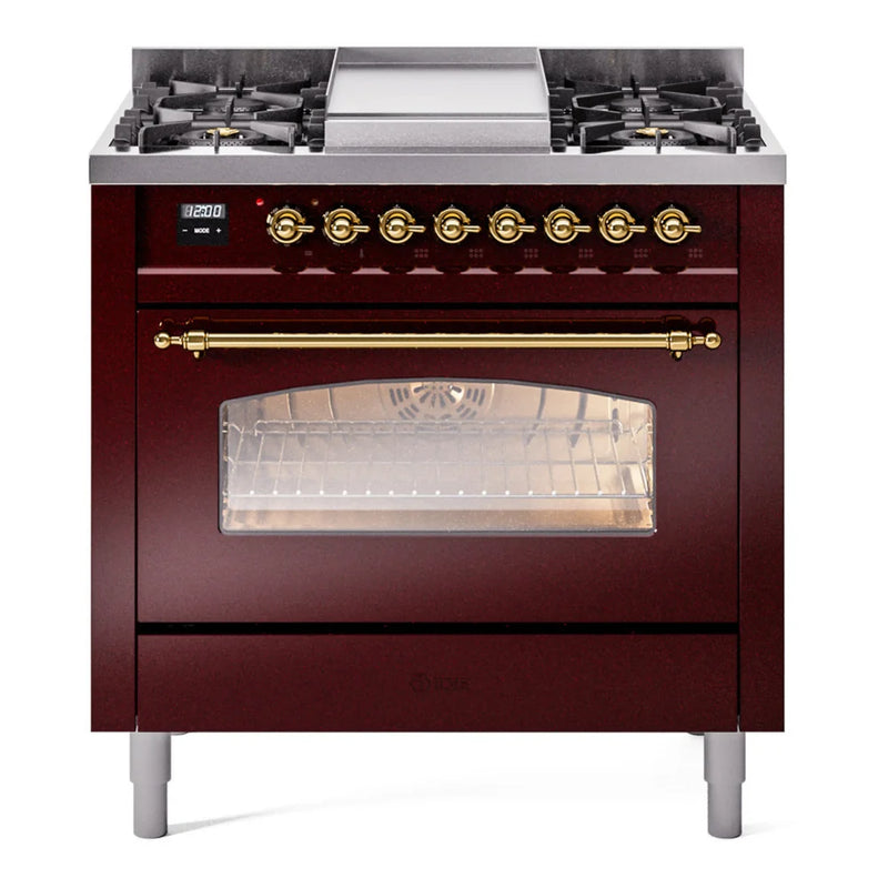 ILVE Nostalgie II 36" Dual Fuel Freestanding Range in Burgundy with Brass Trim, UP36FNMPBUGLP