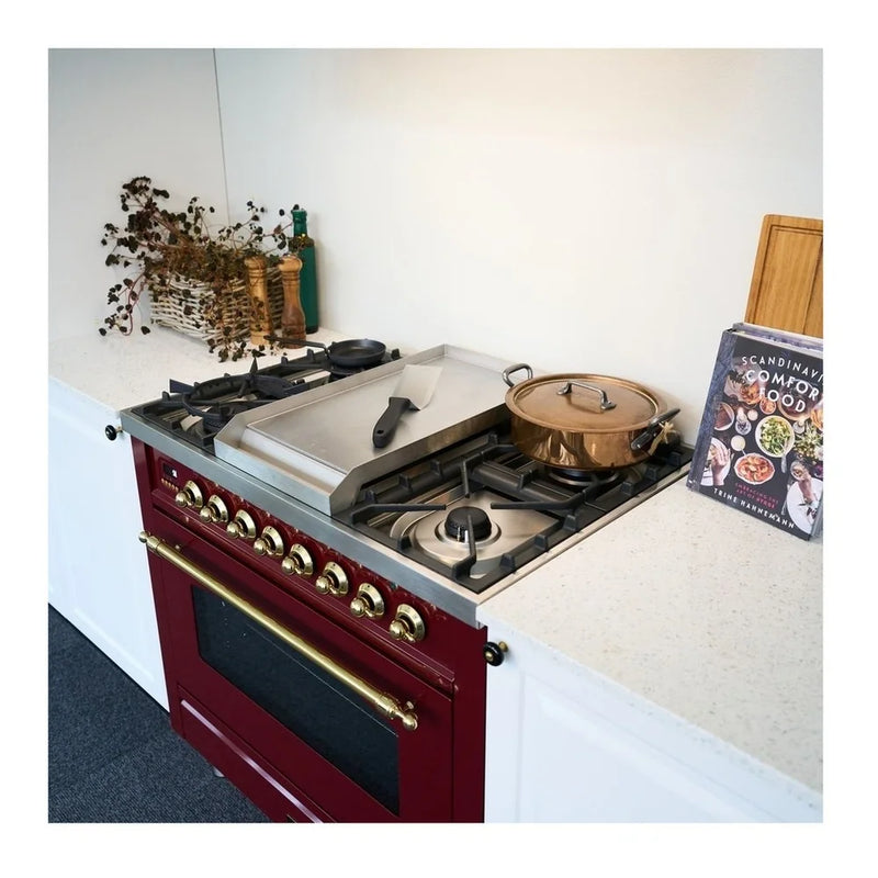 ILVE Nostalgie II 36" Dual Fuel Freestanding Range in Burgundy with Brass Trim, UP36FNMPBUGLP