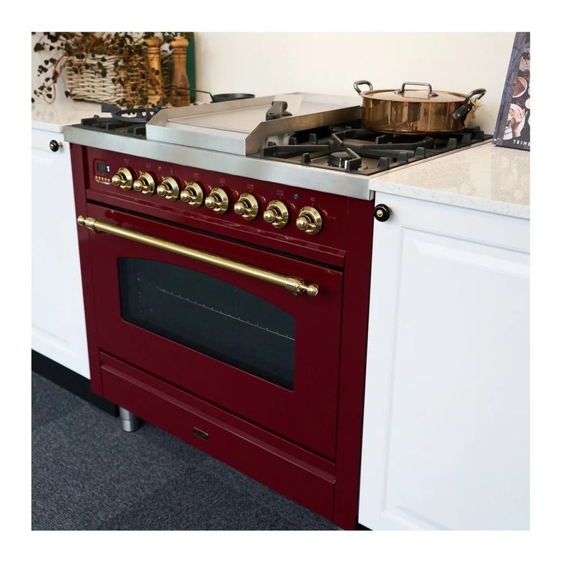 ILVE Nostalgie II 36" Dual Fuel Freestanding Range in Burgundy with Brass Trim, UP36FNMPBUGLP