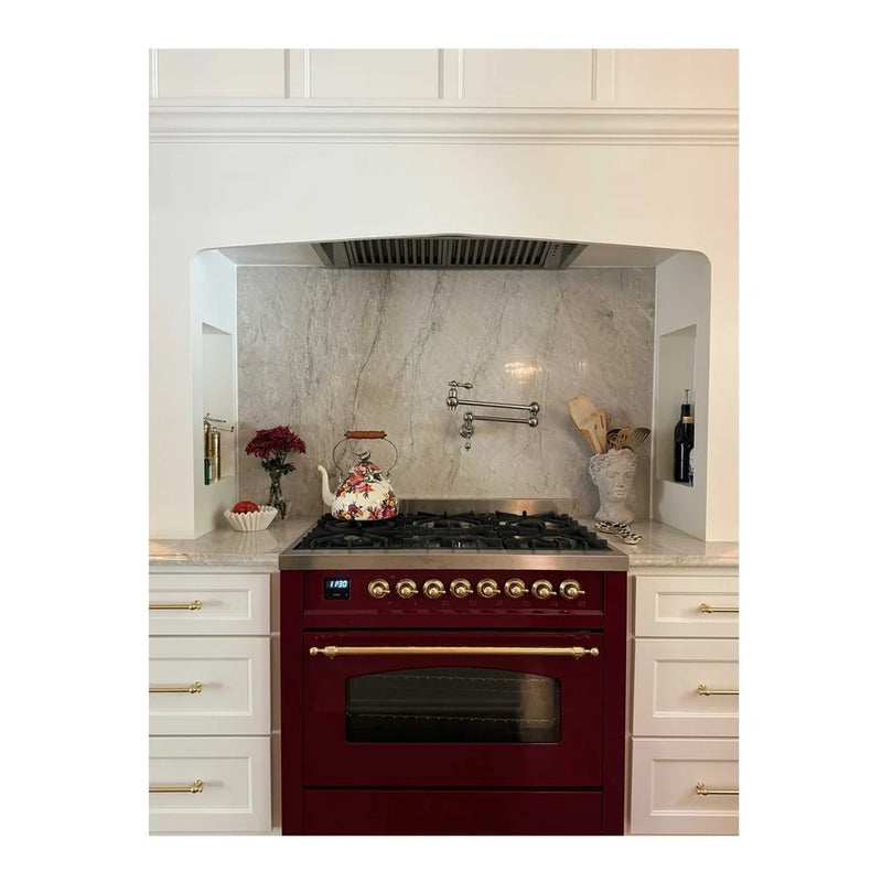 ILVE Nostalgie II 36" Dual Fuel Freestanding Range in Burgundy with Brass Trim, UP36FNMPBUGLP