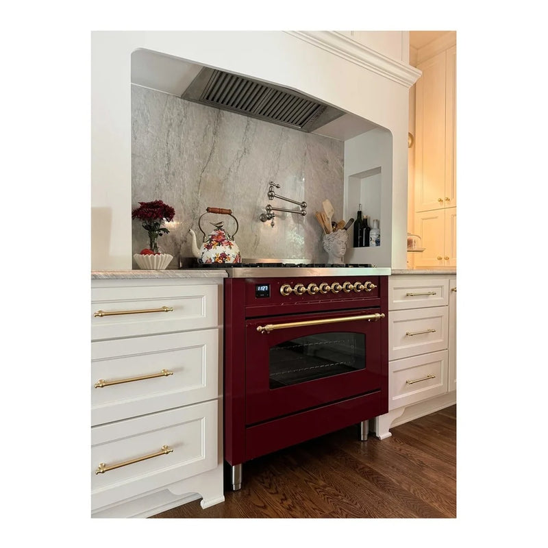 ILVE Nostalgie II 36" Dual Fuel Freestanding Range in Burgundy with Brass Trim, UP36FNMPBUGLP