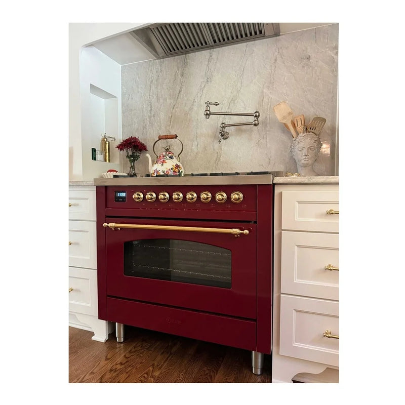 ILVE Nostalgie II 36" Dual Fuel Freestanding Range in Burgundy with Brass Trim, UP36FNMPBUGLP