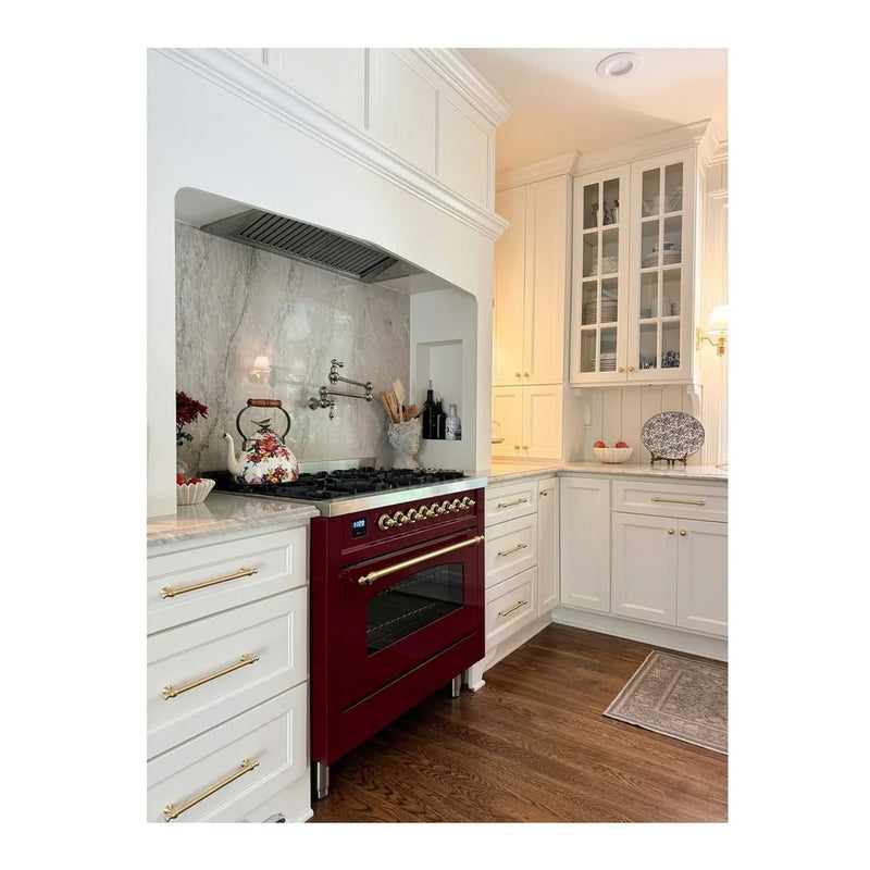 ILVE Nostalgie II 36" Dual Fuel Freestanding Range in Burgundy with Brass Trim, UP36FNMPBUGLP