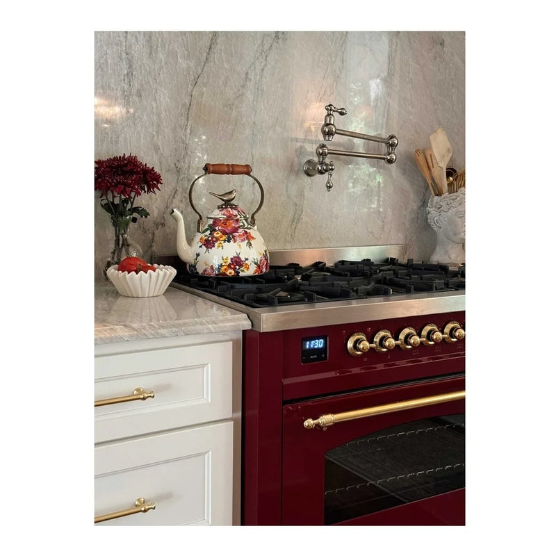 ILVE Nostalgie II 36" Dual Fuel Freestanding Range in Burgundy with Brass Trim, UP36FNMPBUGLP