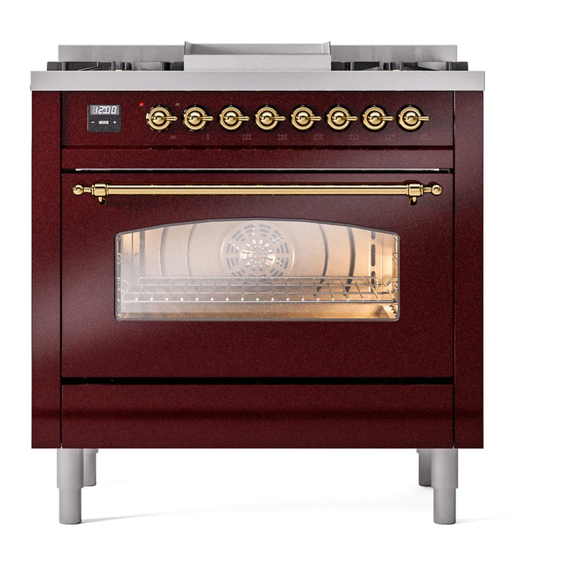 ILVE Nostalgie II 36" Dual Fuel Freestanding Range in Burgundy with Brass Trim, UP36FNMPBUGLP