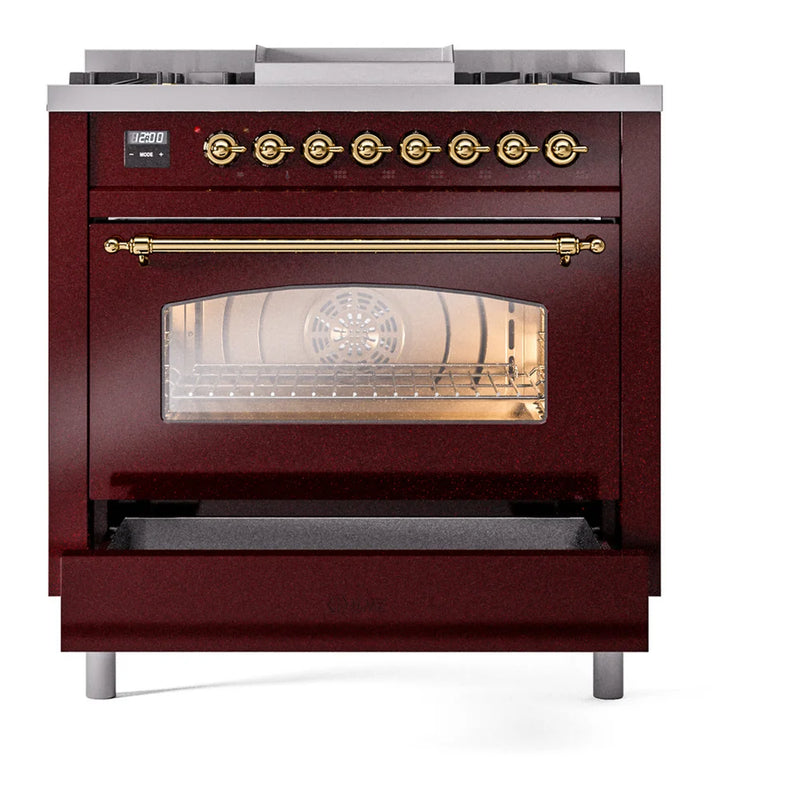 ILVE Nostalgie II 36" Dual Fuel Freestanding Range in Burgundy with Brass Trim, UP36FNMPBUGLP