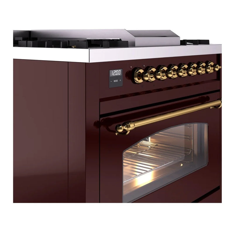 ILVE Nostalgie II 36" Dual Fuel Freestanding Range in Burgundy with Brass Trim, UP36FNMPBUGLP