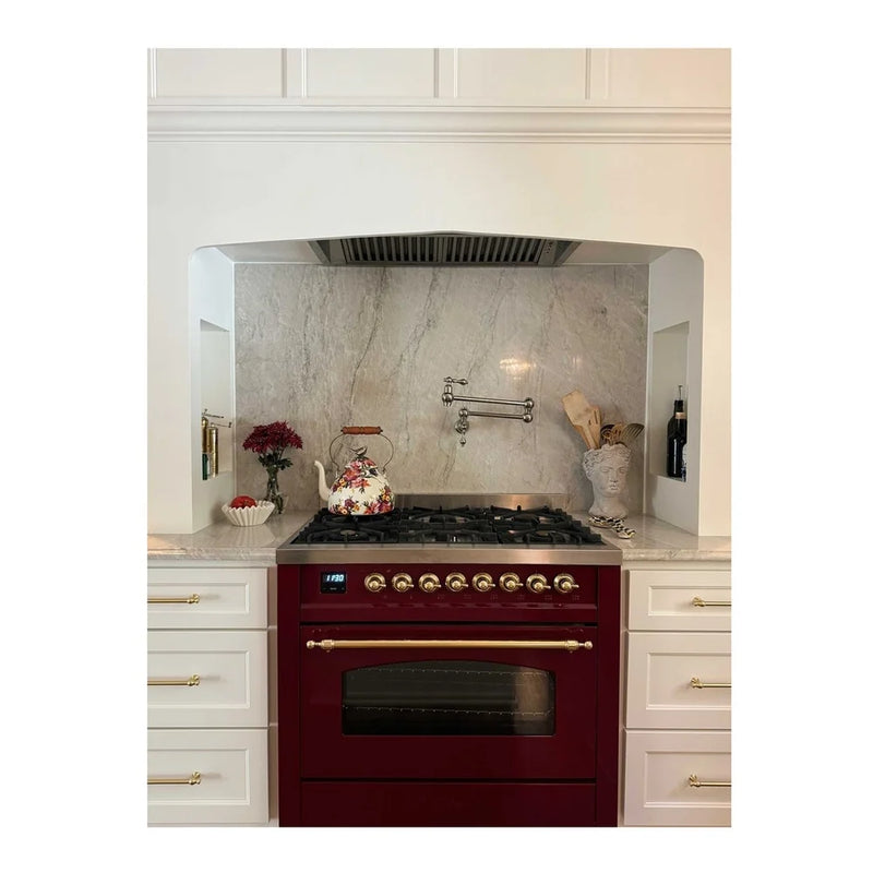 ILVE Nostalgie II 36" Dual Fuel Freestanding Range in Burgundy with Brass Trim, UP36FNMPBUG