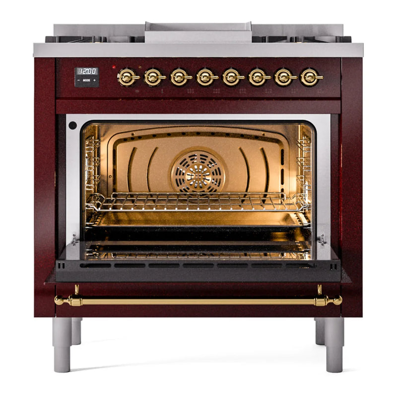ILVE Nostalgie II 36" Dual Fuel Freestanding Range in Burgundy with Brass Trim, UP36FNMPBUG
