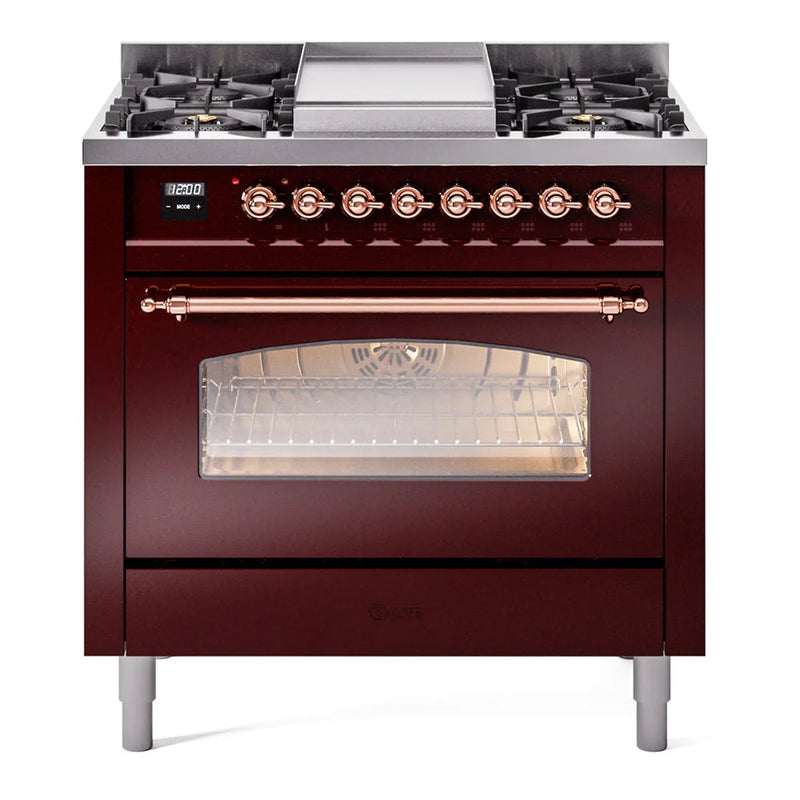 ILVE Nostalgie II 36" Dual Fuel Freestanding Range in Burgundy with Copper Trim, UP36FNMPBUPLP
