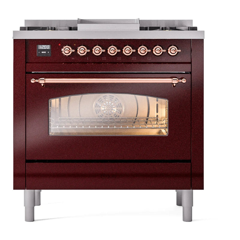 ILVE Nostalgie II 36" Dual Fuel Freestanding Range in Burgundy with Copper Trim, UP36FNMPBUPLP