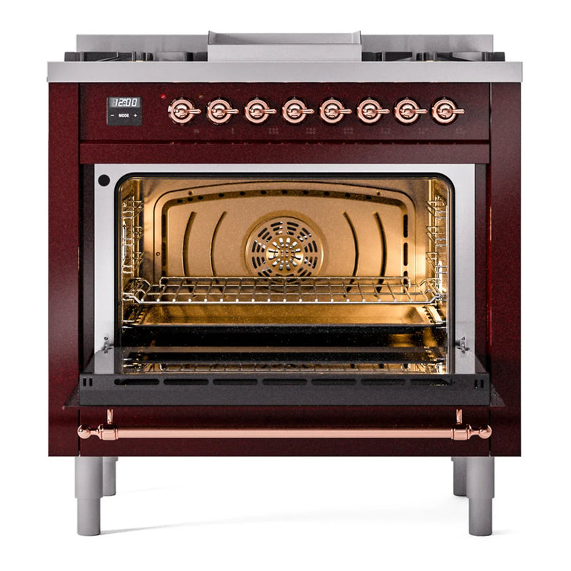 ILVE Nostalgie II 36" Dual Fuel Freestanding Range in Burgundy with Copper Trim, UP36FNMPBUPLP