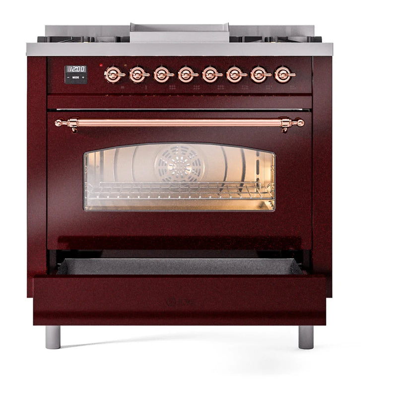 ILVE Nostalgie II 36" Dual Fuel Freestanding Range in Burgundy with Copper Trim, UP36FNMPBUPLP