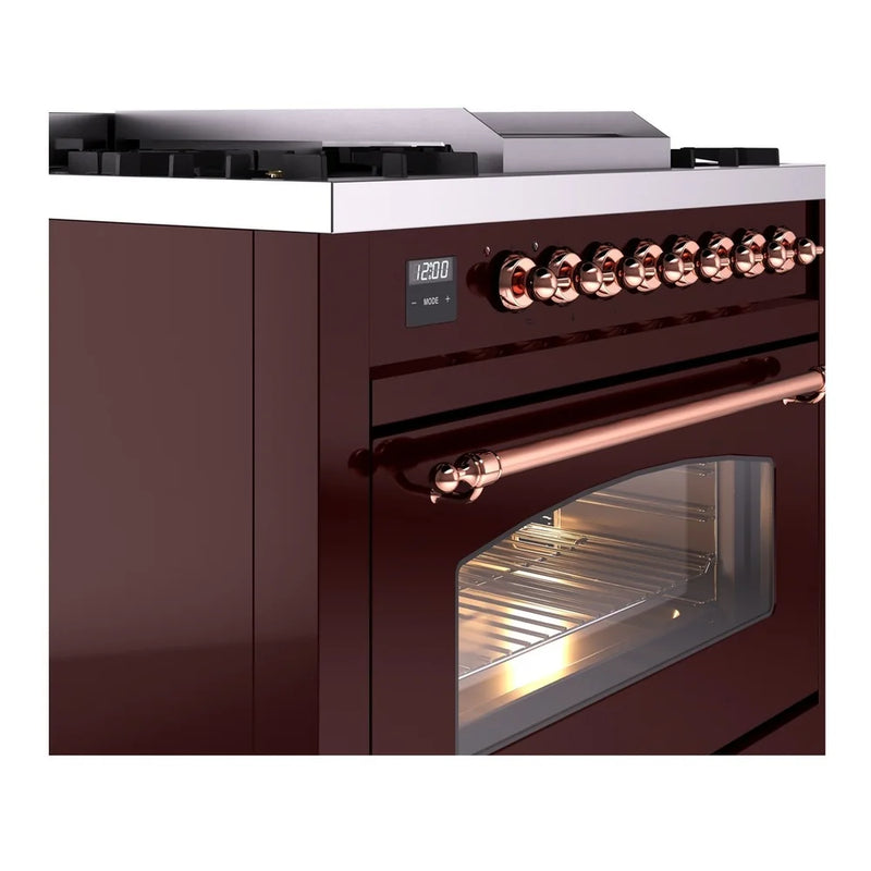 ILVE Nostalgie II 36" Dual Fuel Freestanding Range in Burgundy with Copper Trim, UP36FNMPBUPLP
