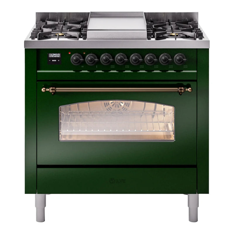 ILVE Nostalgie II 36" Dual Fuel Freestanding Range in Emerald Green with Burnished Trim, UP36FNMPEGBLP