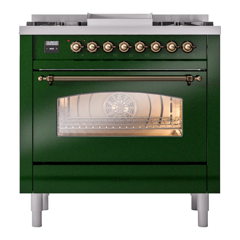 ILVE Nostalgie II 36" Dual Fuel Freestanding Range in Emerald Green with Burnished Trim, UP36FNMPEGBLP