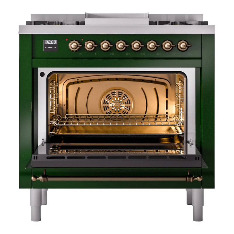 ILVE Nostalgie II 36" Dual Fuel Freestanding Range in Emerald Green with Burnished Trim, UP36FNMPEGBLP