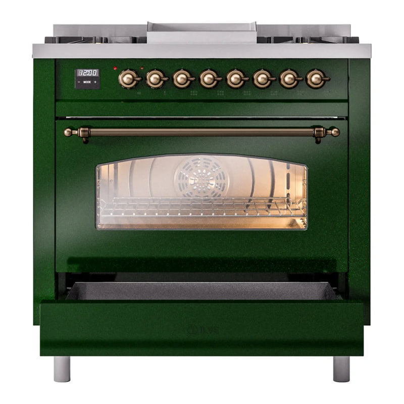 ILVE Nostalgie II 36" Dual Fuel Freestanding Range in Emerald Green with Burnished Trim, UP36FNMPEGBLP