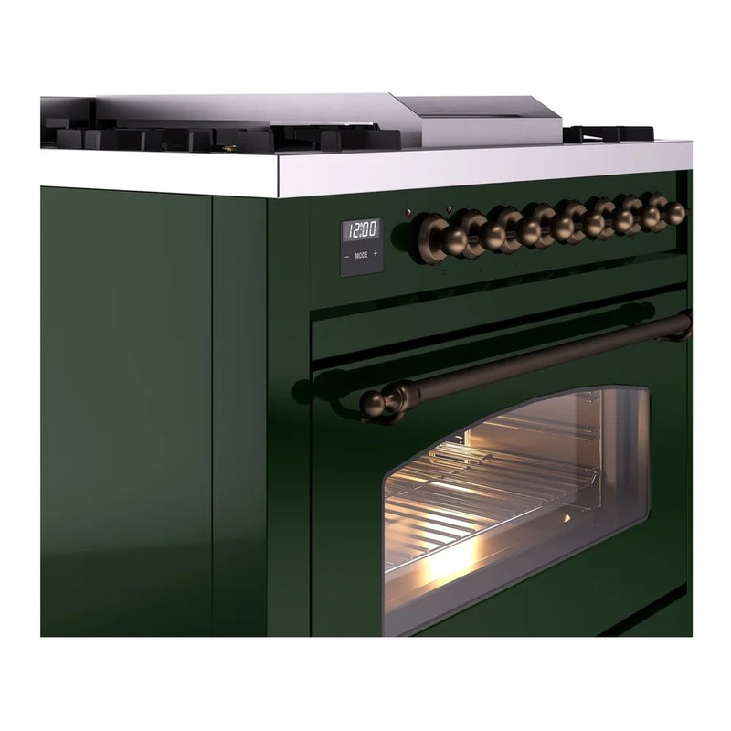 ILVE Nostalgie II 36" Dual Fuel Freestanding Range in Emerald Green with Burnished Trim, UP36FNMPEGBLP