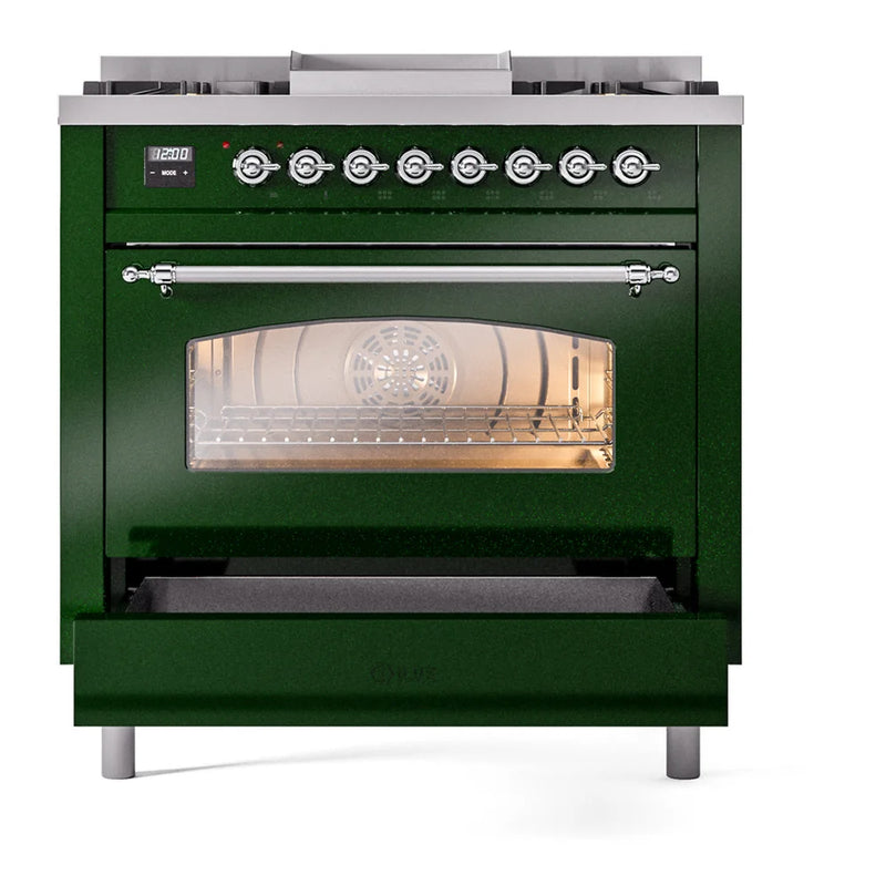 ILVE Nostalgie II 36" Dual Fuel Freestanding Range in Emerald Green with Chrome Trim, UP36FNMPEGCLP