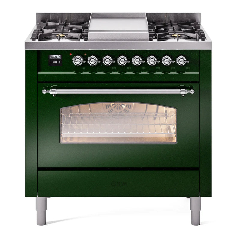 ILVE Nostalgie II 36" Dual Fuel Freestanding Range in Emerald Green with Chrome Trim, UP36FNMPEGC
