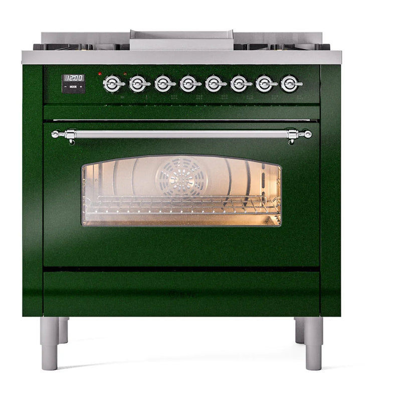ILVE Nostalgie II 36" Dual Fuel Freestanding Range in Emerald Green with Chrome Trim, UP36FNMPEGC