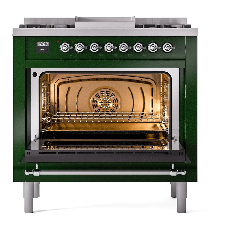 ILVE Nostalgie II 36" Dual Fuel Freestanding Range in Emerald Green with Chrome Trim, UP36FNMPEGC