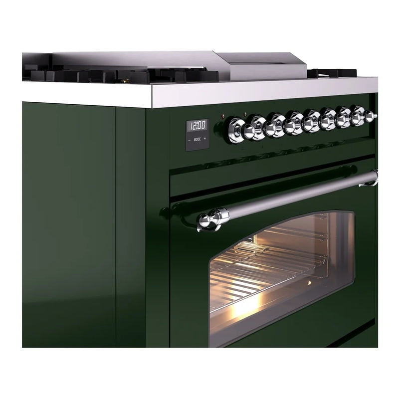 ILVE Nostalgie II 36" Dual Fuel Freestanding Range in Emerald Green with Chrome Trim, UP36FNMPEGC