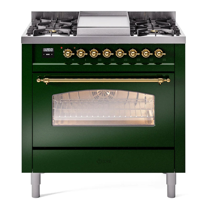 ILVE Nostalgie II 36" Dual Fuel Freestanding Range in Emerald Green with Brass Trim, UP36FNMPEGGLP