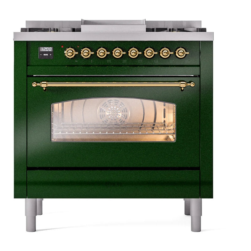 ILVE Nostalgie II 36" Dual Fuel Freestanding Range in Emerald Green with Brass Trim, UP36FNMPEGGLP