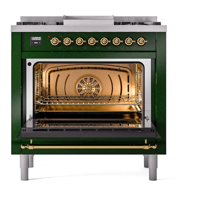 ILVE Nostalgie II 36" Dual Fuel Freestanding Range in Emerald Green with Brass Trim, UP36FNMPEGGLP