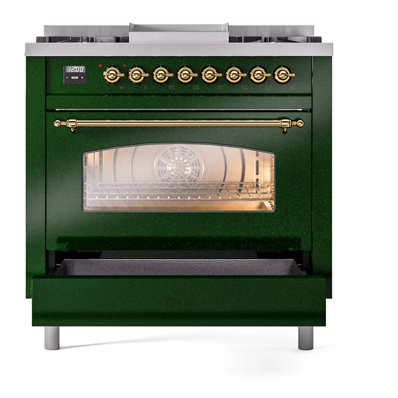 ILVE Nostalgie II 36" Dual Fuel Freestanding Range in Emerald Green with Brass Trim, UP36FNMPEGGLP