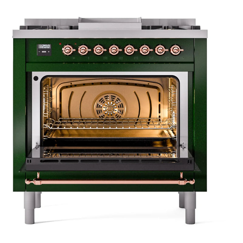 ILVE Nostalgie II 36" Dual Fuel Freestanding Range in Emerald Green with Brass Trim, UP36FNMPEGG
