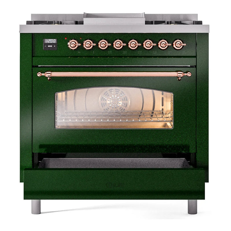 ILVE Nostalgie II 36" Dual Fuel Freestanding Range in Emerald Green with Brass Trim, UP36FNMPEGG