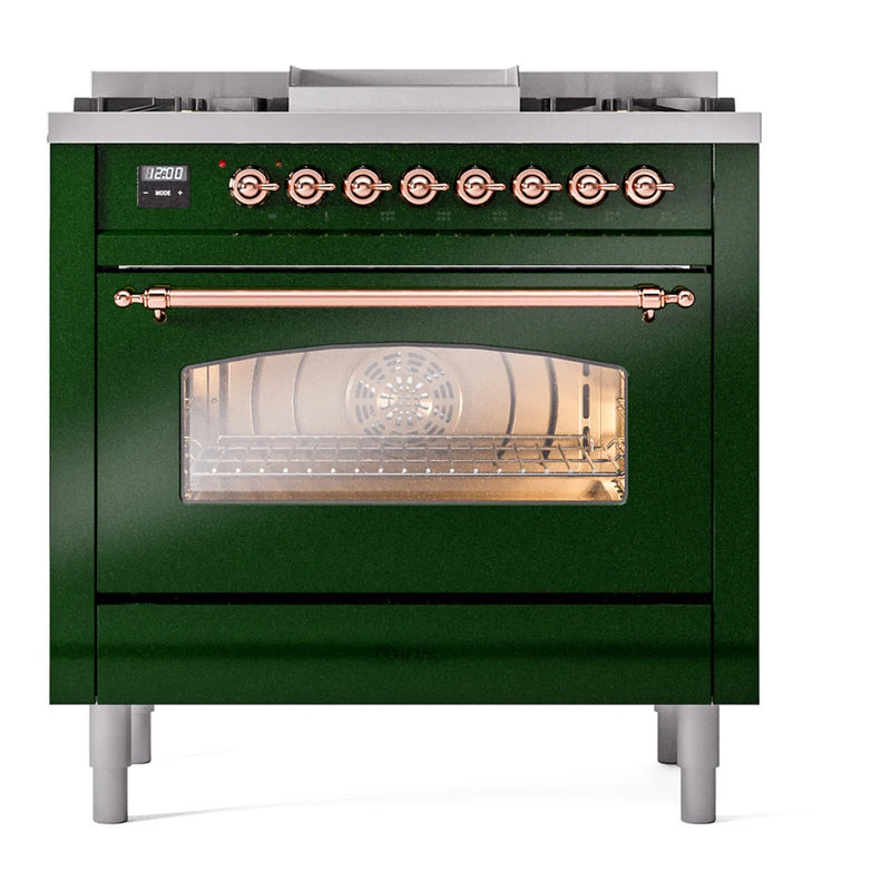 ILVE Nostalgie II 36" Dual Fuel Freestanding Range in Emerald Green with Copper Trim, UP36FNMPEGP