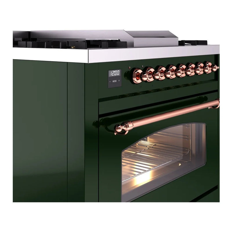ILVE Nostalgie II 36" Dual Fuel Freestanding Range in Emerald Green with Copper Trim, UP36FNMPEGP