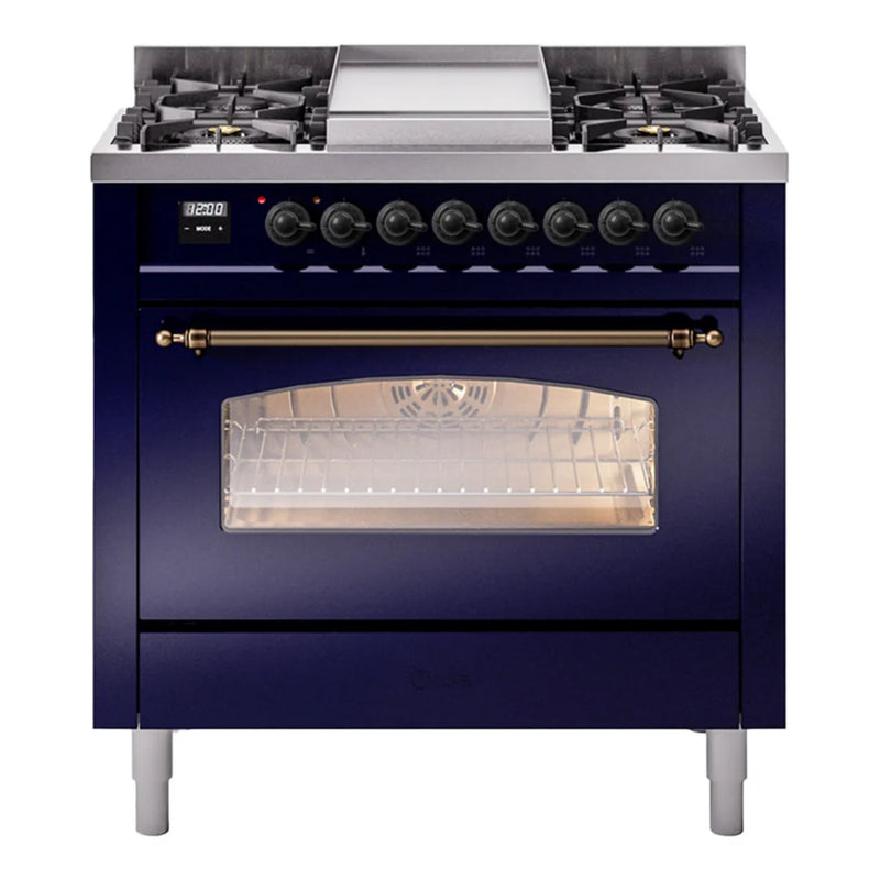 ILVE Nostalgie II 36" Dual Fuel Freestanding Range in Midnight Blue with Burnished Trim, UP36FNMPMBBLP