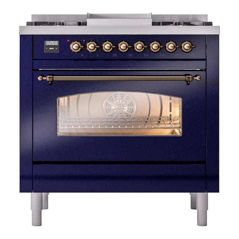 ILVE Nostalgie II 36" Dual Fuel Freestanding Range in Midnight Blue with Burnished Trim, UP36FNMPMBBLP