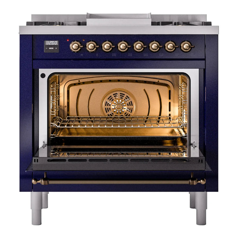 ILVE Nostalgie II 36" Dual Fuel Freestanding Range in Midnight Blue with Burnished Trim, UP36FNMPMBBLP