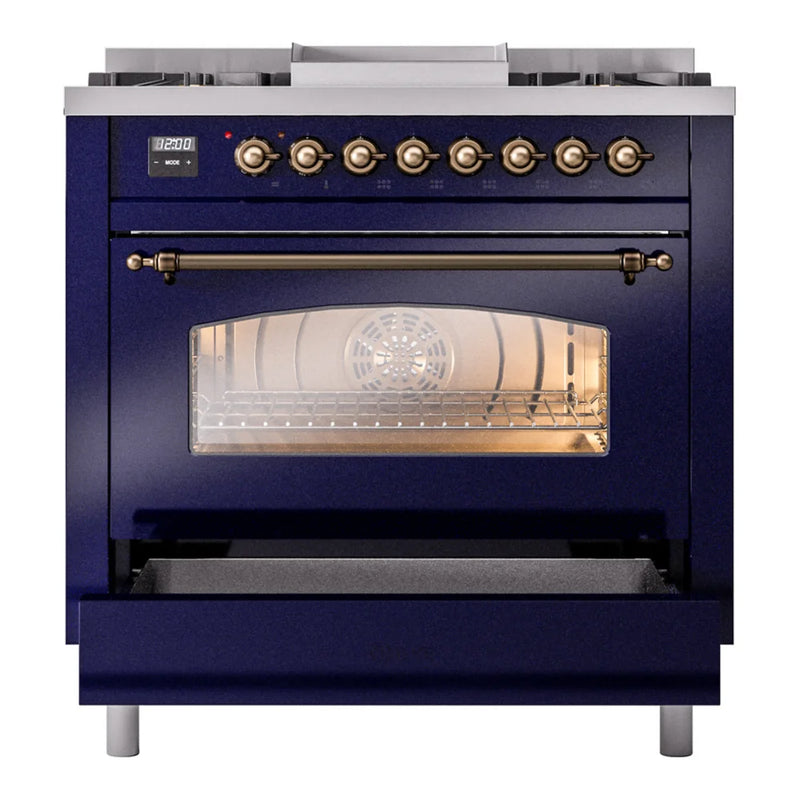 ILVE Nostalgie II 36" Dual Fuel Freestanding Range in Midnight Blue with Burnished Trim, UP36FNMPMBBLP