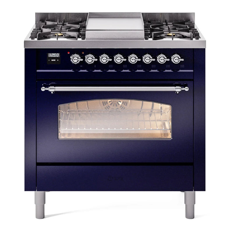 ILVE Nostalgie II 36" Dual Fuel Freestanding Range in Midnight Blue with Chrome Trim, UP36FNMPMBCLP