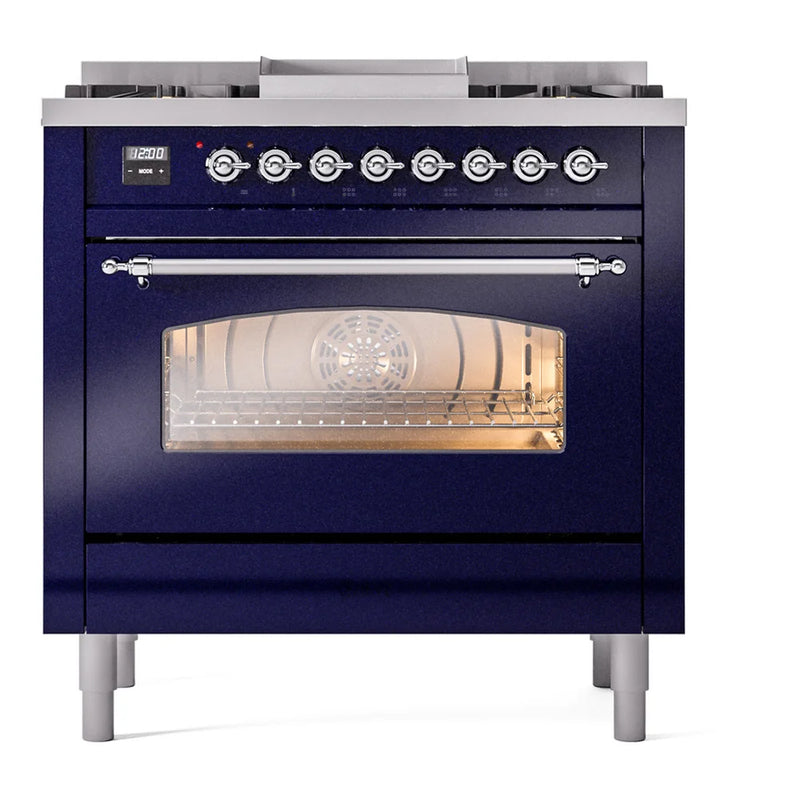 ILVE Nostalgie II 36" Dual Fuel Freestanding Range in Midnight Blue with Chrome Trim, UP36FNMPMBCLP
