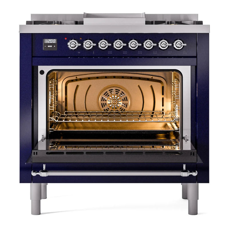 ILVE Nostalgie II 36" Dual Fuel Freestanding Range in Midnight Blue with Chrome Trim, UP36FNMPMBCLP