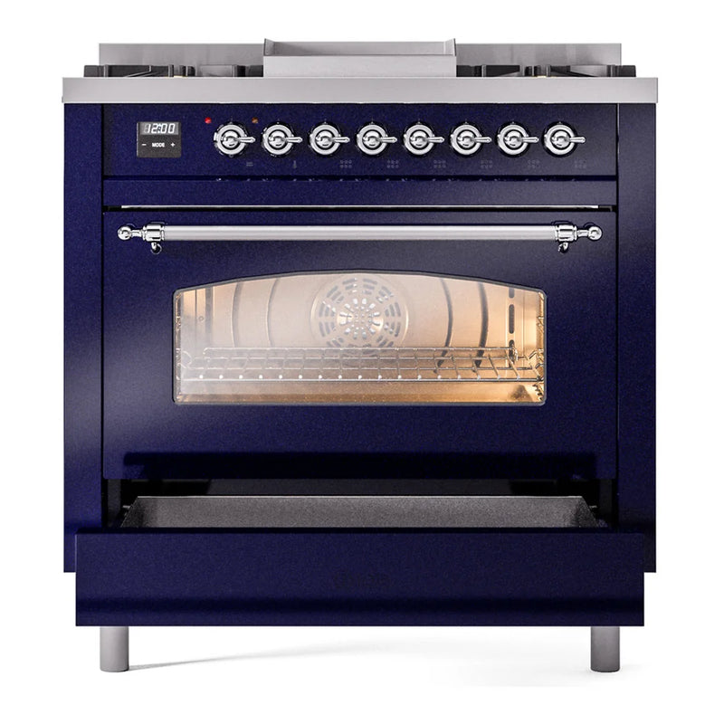 ILVE Nostalgie II 36" Dual Fuel Freestanding Range in Midnight Blue with Chrome Trim, UP36FNMPMBC