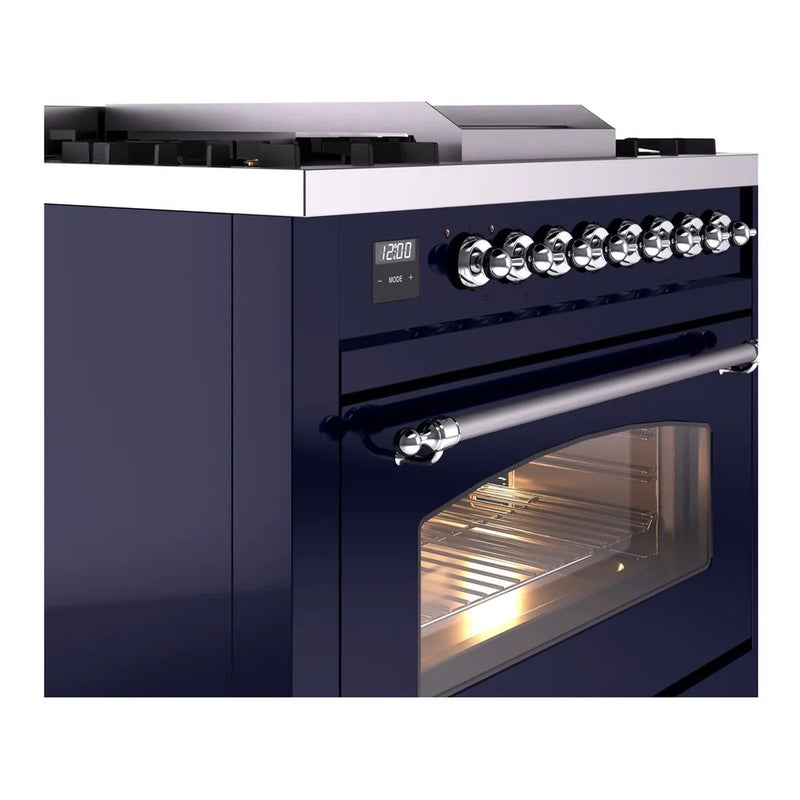 ILVE Nostalgie II 36" Dual Fuel Freestanding Range in Midnight Blue with Chrome Trim, UP36FNMPMBC