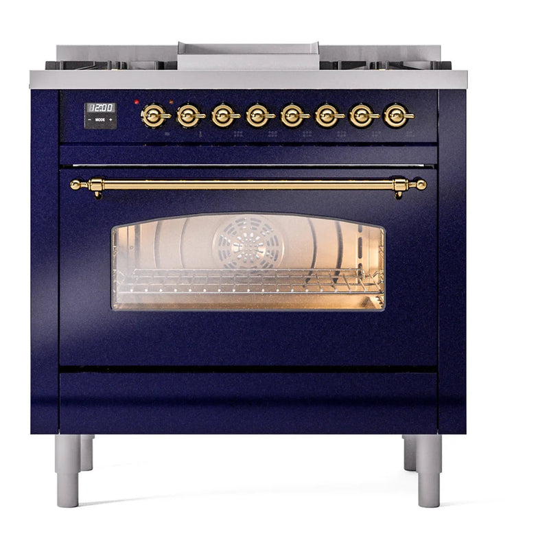ILVE Nostalgie II 36" Dual Fuel Freestanding Range in Midnight Blue with Brass Trim, UP36FNMPMBGLP