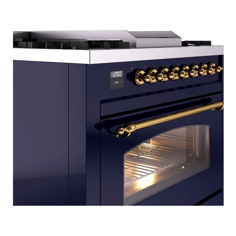 ILVE Nostalgie II 36" Dual Fuel Freestanding Range in Midnight Blue with Brass Trim, UP36FNMPMBGLP